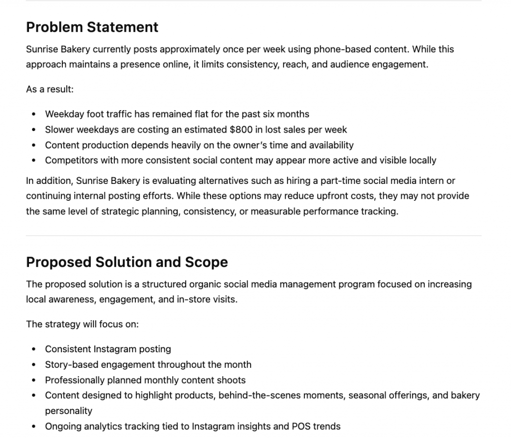 ChatGPT business proposal output 
